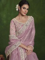 Lavender Pink Crush Paper Silk Saree With Stitched Blouse